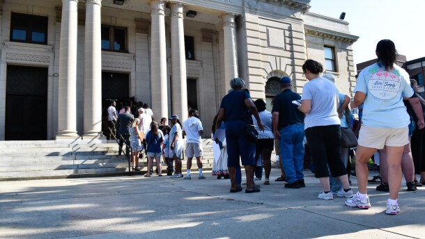People file into the Old Richmond County Courthouse for a public hearing on Amazon's data center project.