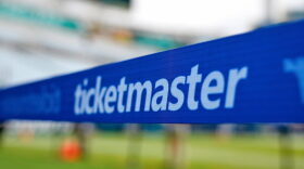 The Ticketmaster logo is seen along the sideline of the field before an NFL football game.