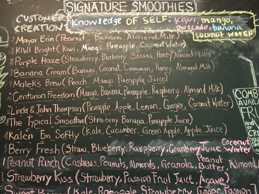 A list of smoothies at Mark Schand's Sweetwater cafe.