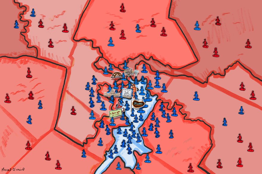 A map of congressional districts in Austin showing most are red and represented by Republicans. 