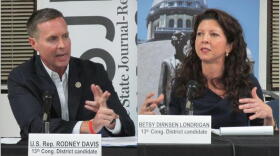 Republican Congressman Rodney Davis, who represents Illinois 13th Congressional District, spars with Democratic challenger Betsy Dirksen Londrigan at a debate during the 2018 election