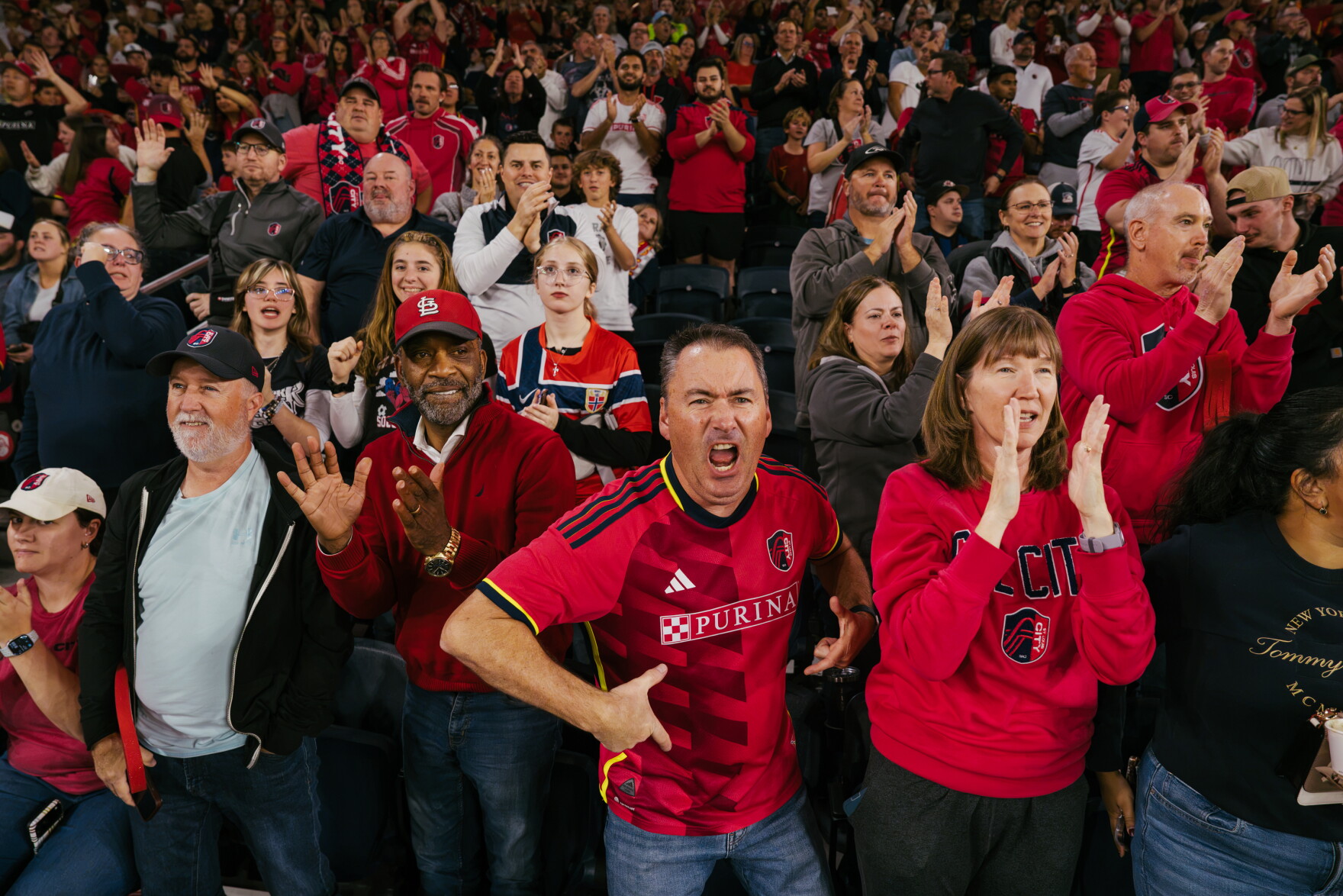 St. Louis City SC supporters cheer and shout in response to a play during the team’s match against the Portland Timbers at Energizer Park on Wednesday, Oct. 28, 2026, in St. Louis’ Downtown West neighborhood.