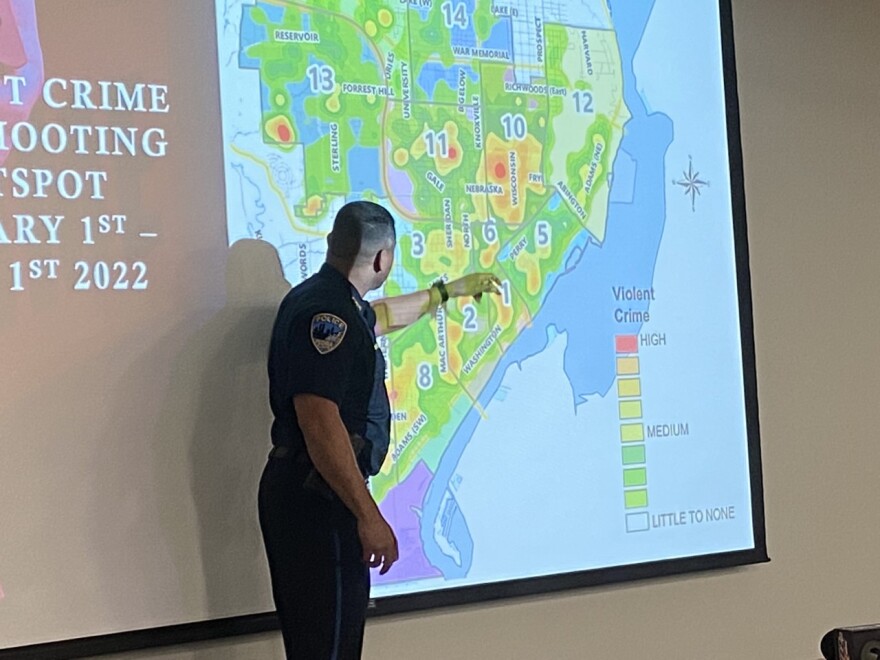 Peoria Police Chief Eric Echevarria breaks down crime statistics at August's Safety Network meeting.