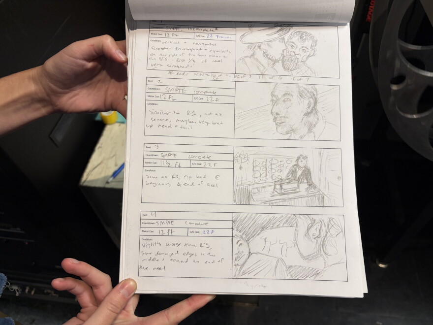 The projectionists at the Oriental Theatre create story boards for themselves with sketches of scenes to look out for in the film to indicate where the cues will be for the changeover process during a screening.