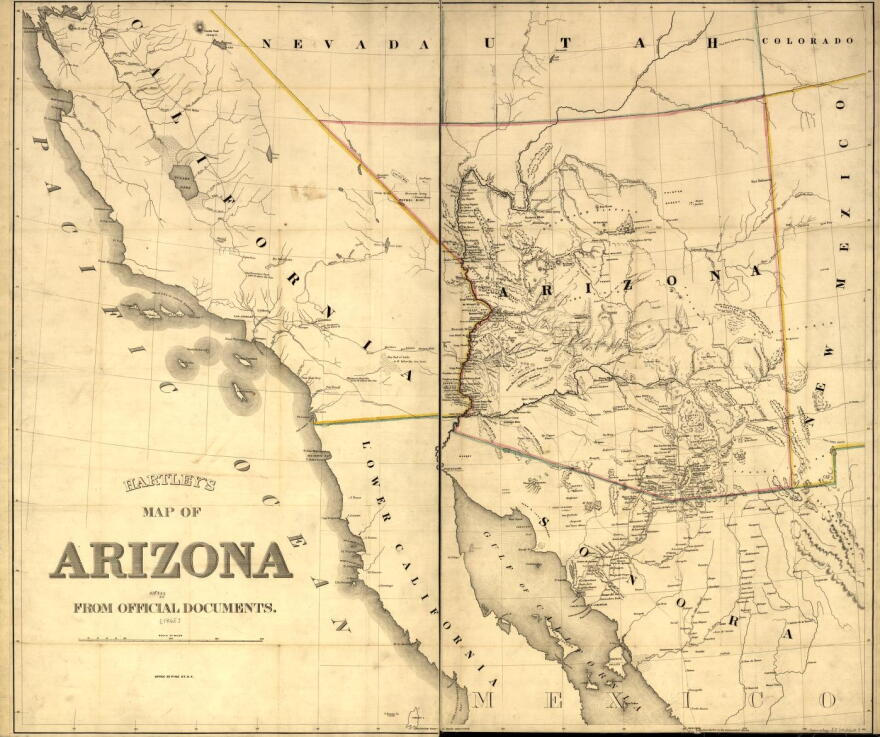 old map of the american southwest from 1865, sepia toned