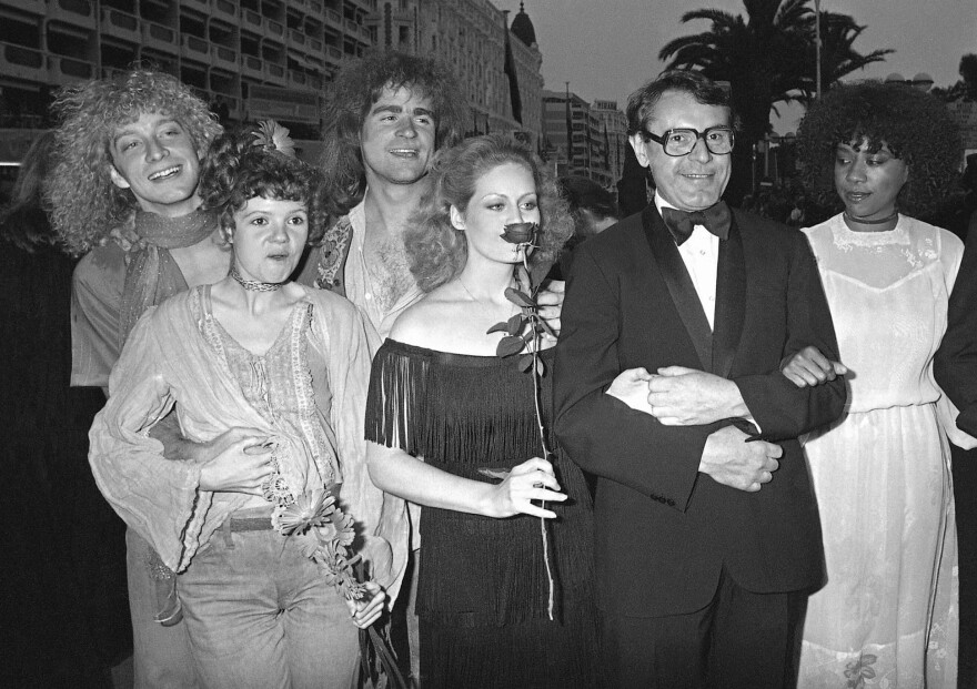 FILE - U.S. actors, from left, Don Dacus, Annie Golden, Treat Williams, Beverly d'Angelo, director Milos Forman, and Cheryl Barnes arrive for the presentation of "Hair" during the 32nd Cannes Film Festival in Cannes, France May 10, 1979. Williams, whose nearly 50-year career included starring roles in the TV series “Everwood” and the movie “Hair,” died Monday, June 12, 2023, after a motorcycle crash in Vermont, state police said. He was 71.