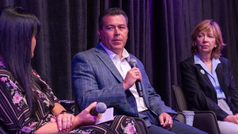 Frank Almaraz, interim president and CEO for CPS Energy, and Francine Romero, chair of CPS Energy board, are shown at a Luminaries breakfast hosted by Texas Public Radio on Aug. 6, 2026.