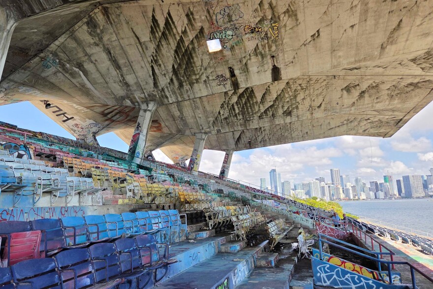 A concrete roof cantilevers over the Miami Marine Stadium on Tuesday, Aug. 11, 2026, in Miami.
