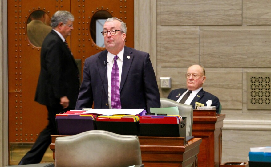 Senate Minority Leader Joe Keaveny, D-St. Louis, stands at his desk on Wednesday. Keaveny helped shut down the business of the Senate after the GOP squashed the right to work filibuster. 