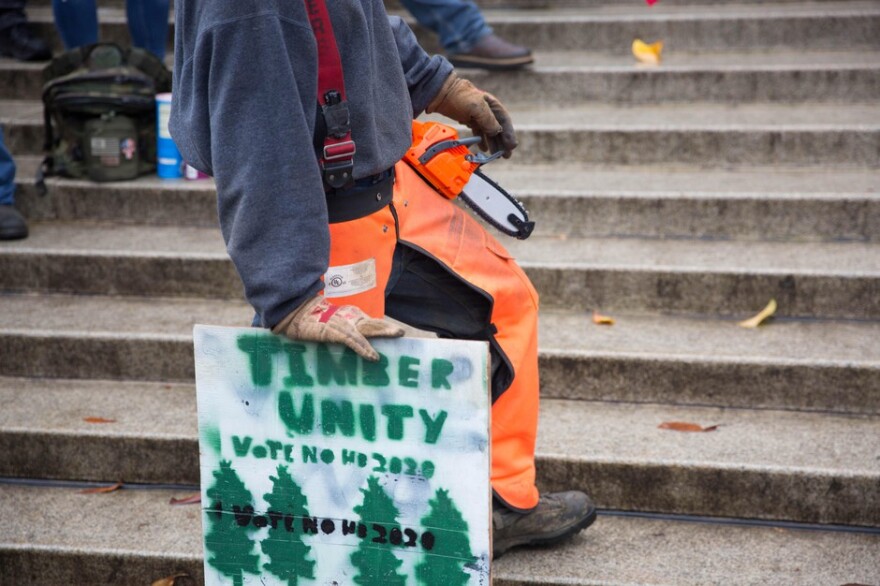 A man holds a Timber Unity sign at a rally at the state Capitol in Salem in June, 2019.