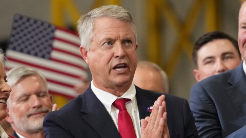 Sen. Roger Marshall, R-Kansas, gestures as Vice President JD Vance speaks, Sept. 14, 2026, in Olathe, Kansas.