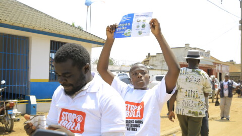 Residents and frontline workers embark on Ebola outbreak awareness campaign in Beni, North Kivu province, in eastern Congo, Friday, Aug. 21, 2026. Community engagement and education is among the pillars of Ebola treatment in the region.