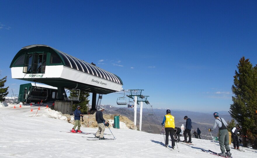 Skiers below the Sterling Chair Lift at Deer Valley Resort on March 28. Committed skiers came out for the resort's final weekend of the 2026 season despite a year of lackluster snow.