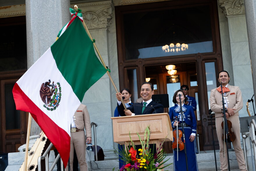 As part of The Mexicanos en Connecticut Committee hosting its annual event commemorating Mexican Independence Day, Consulate General of Mexico in Boston, Carlos Iriarte Mercado waves the flag after performing el Grito de Dolores - known as the first battle cry in Mexico’s war of independence from Spain on September 16, 2026 at the Capitol building in Hartford, Connecticut. It is tradition for the president of Mexico to shout a version of el Grito from the balcony of the National Palace in Mexico City the night before Independence Day.