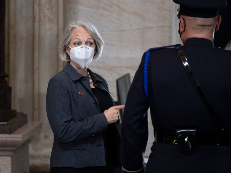 Senate Sergeant-at-Arms Karen Gibson attends the service for slain U.S. Capitol Officer William "Billy" Evans, as his remains lie in honor in the Capitol Rotunda on Tuesday.