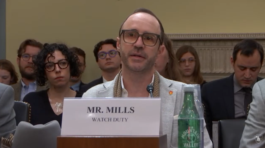 Watch Duty co-founder and CEO John Mills testifies before a subcommittee of the House Committee on Natural Resources on Feb. 3, 2026, in Washington, D.C.
