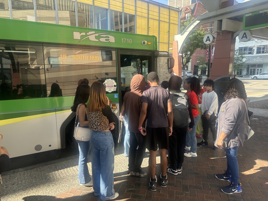 A group of incoming Ponitz freshman do a practice ride from Dayton's RTA Hub to the career center.