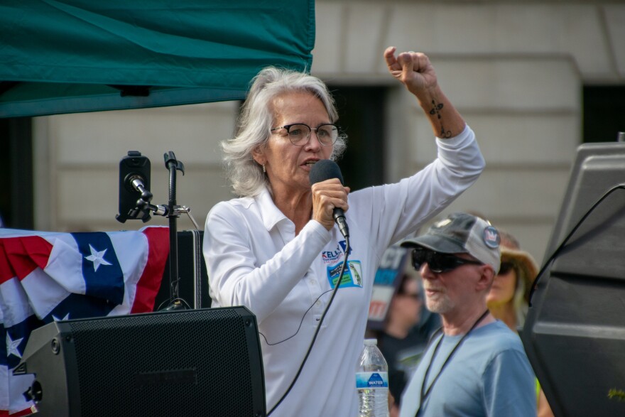 3rd District candidate Kelly Thompson speaks to the crowd at a No Kings Rally in 2025. Thompson began her campaign earlier than most, announcing in Spring of 2025.