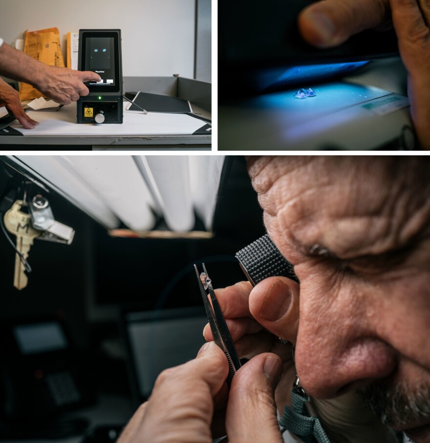 Weinstein uses a selection of equipment to look for lab-grown diamonds, including (from top left, clockwise) a machine built by the De Beers company, ultraviolet light used to check a diamond's glow, and a traditional lupe.