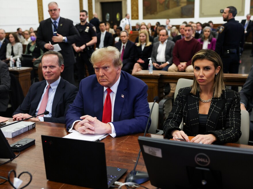 Former U.S. President Donald Trump and his lawyers Christopher Kise and Alina Habba attend the closing arguments in the Trump Organization civil fraud trial at New York State Supreme Court on January 11, 2024 in New York City.
