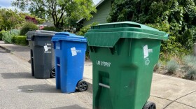 A row of trash and recycling bins along a curb