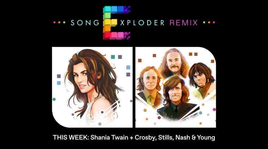 A banner for a Song Exploder Remix Episode featuring Shania Twain and Crosby, Stills, Nash & Young.