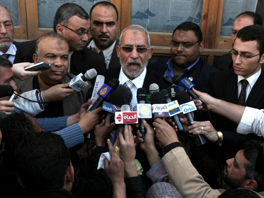 Mohammed Badie, the head of Egypt's Muslim Brotherhood, speaks to the press in Cairo on March 19. Democracy activists argue that the timetable for elections is too rapid and will give the advantage to the Muslim Brotherhood and elements of Mubarak's old party.