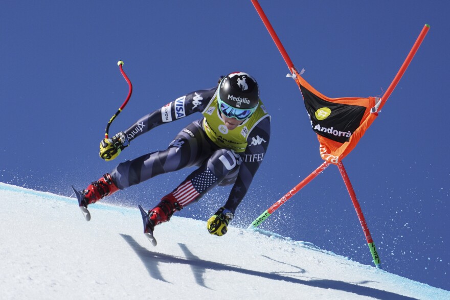 United States' Breezy Johnson speeds down the course during an alpine ski, women's World Cup downhill in Soldeu, Andorra, on March 15, 2023. Downhill skier Breezy Johnson has been banned for 14 months for three violations of anti-doping rules and can return to race in December. The U.S. Anti-Doping Agency has published its decision for Johnson’s failure to comply with so-called “whereabouts” rules.