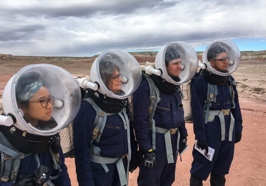 Crew members on one of the simulated Mars missions this spring included Pitchayapa Jingjit (from left), Becky Parker, Elijah Espinoza and Esteban Ramirez. Community college students and teachers in real life, the team members spent a week in the Utah desert, partly to experience the isolation and challenges of a real trip to Mars.