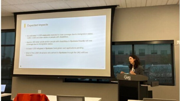 Margaret Hinson, director of the International Rescue Committee in Spokane, presents the statistics she could find on who may lose healthcare coverage after H.R. 1’s refugee federal Medicaid policy changes to take effect Oct. 1.