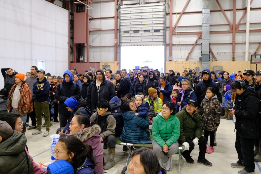 Evacuees of Kipnuk and Kwigillingok wait to board an evacuation flight from Bethel to Anchorage on Oct. 15, 2025.