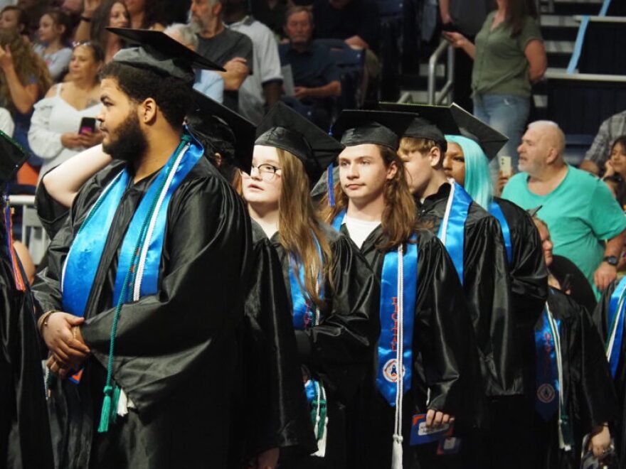Indiana Digital Learning School graduates enter Hinkle Fieldhouse on the Butler University campus for a graduation ceremony in Indianapolis on May 28, 2026.