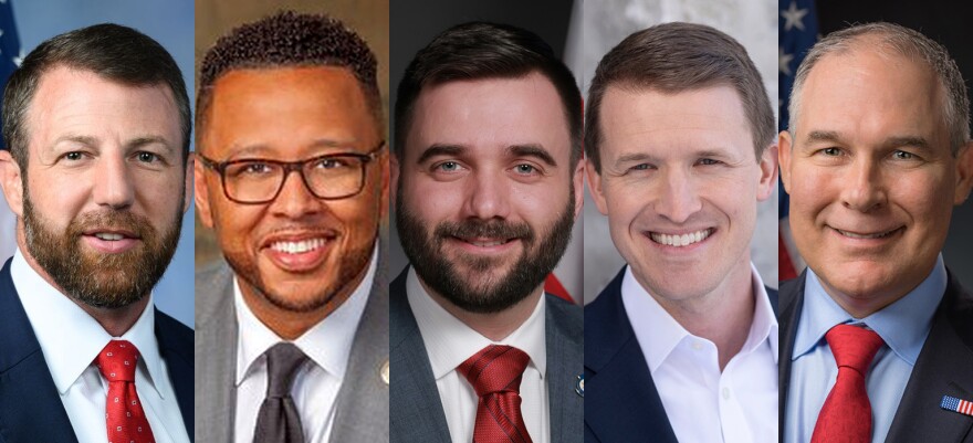 Five of the 13 candidates for U.S. Senate, from left to right: Markwayne Mullin, T.W. Shannon, Nathan Dahm, Luke Holland, Scott Pruitt