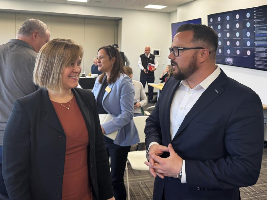 Rep. Mia Costello (left) and Glenfarne Alaska LNG President Adam Prestidge at the inagural meeting of the Alaska Gasline Cacucus on Tuesday, Oct. 7, 2025 in Anchorage, Alaska.