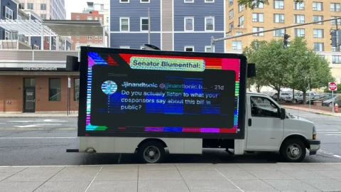 A billboard truck by Fight for the Future shows criticism of U.S. Sen. Richard Blumenthal, for re-introducing the Kids Online Safety Act in Hartford on Monday, June 16, 2025.