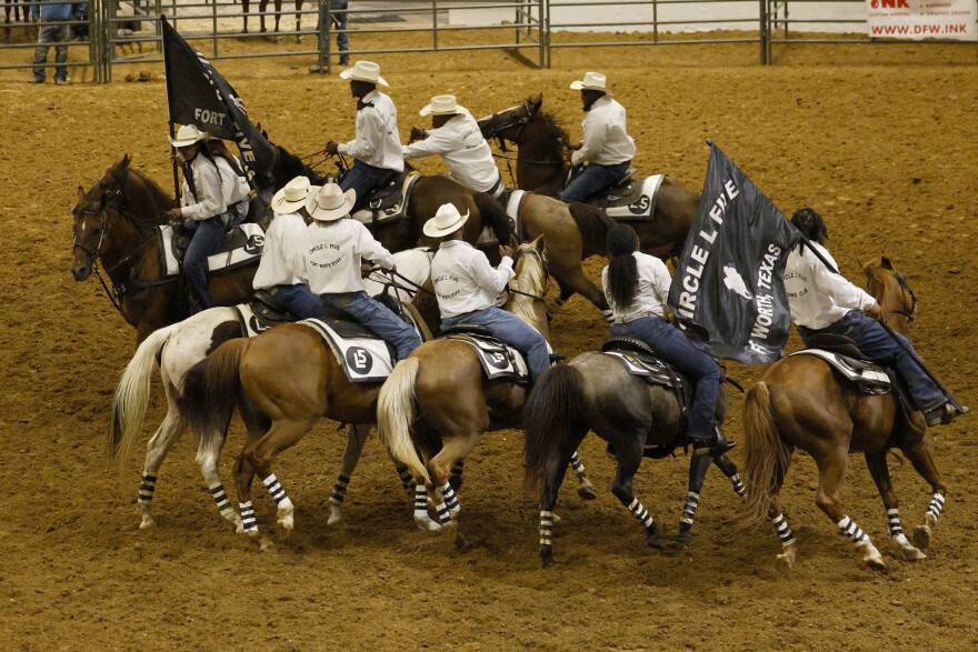 Circle L 5 Riding Club members perform during Texas Black Invitational Rodeo at Fair Park Coliseum, Saturday, July 26, 2025, in Dallas.