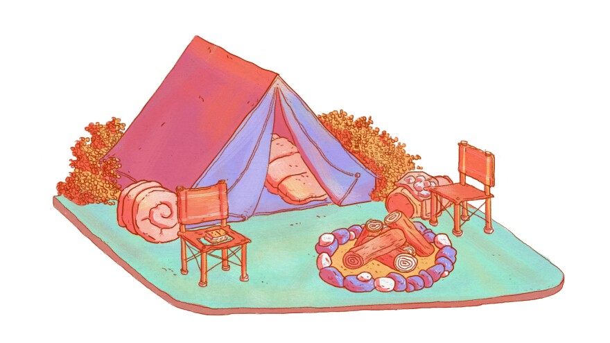 An illustration of a blue tent on a patch of green with a campfire in front and two camp chairs 