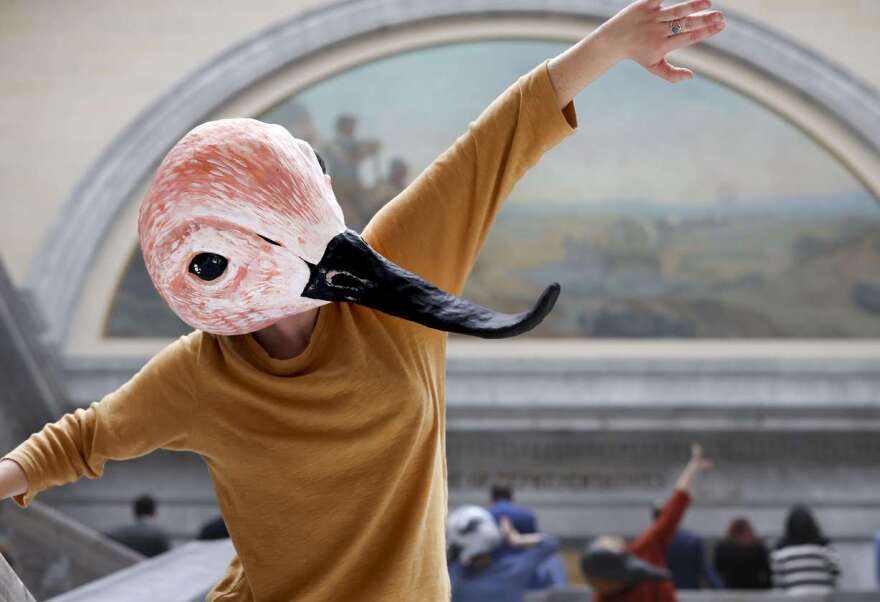 A performer dressed as an American avocet dances an the Capitol in a show of representation for birds that are dependent on the Great Salt Lake in Salt Lake City on Feb. 21. Performance art is one option for the "Wake the Great Salt Lake" contest.