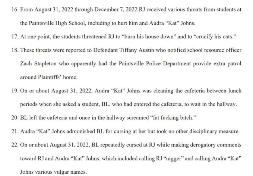 A federal civil rights lawsuit against Paintsville school officials claims they did little about months of ethnic and religious slurs aimed at a student and his mother, who worked for Paintsville High School.