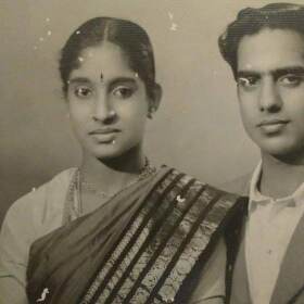 Black and white photo of a newly married South Indian couple