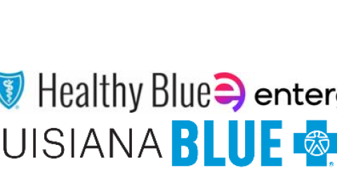Logos of Louisiana Blue, Entergy Louisiana and Healthy Blue Louisiana displayed side by side, representing partner organizations supporting a statewide hunger relief campaign.