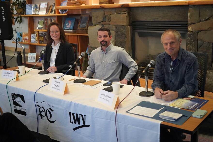 State House District 6 candidates Rep. Sarah Vance, Dawson Slaughter and Brent Johnson participate in a candidate forum hosted by the Peninsula Clarion and KBBI 890 AM at the Homer Public Library in Homer, Alaska, on Tuesday, Oct. 29, 2024.