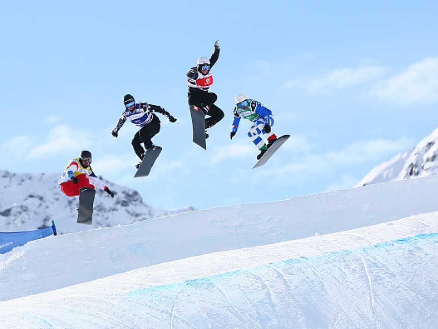 Omar Visintin of Italy, Konstantin Schad of Germany, Jonathan Cheever and Tim Watter of Switzerland compete during the FIS Freestyle Ski World Cup in France in December.