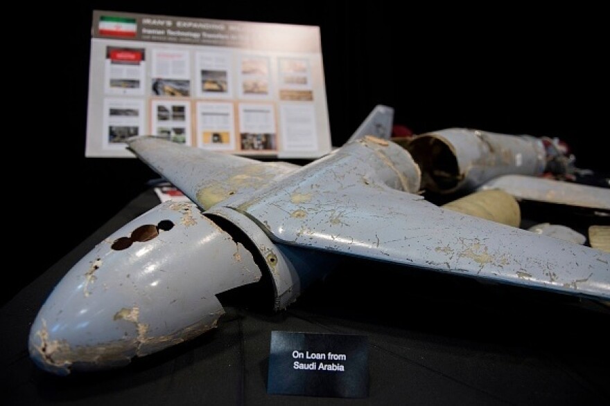 A Houthi drone on display in Washington. The U.S. and Saudi Arabia say the technology comes from Iran.