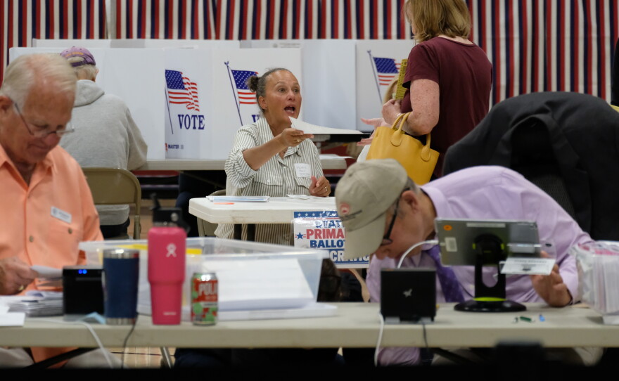 Local election workers at the Rye Elementary School for the state primary and town election Sept. 8, 2026.