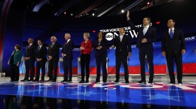 From left, Democratic presidential candidates Sen. Amy Klobuchar, D-Minn., Sen. Cory Booker, D-N.J., South Bend Mayor Pete Buttigieg, Sen. Bernie Sanders, I-Vt., former Vice President Joe Biden, Sen. Elizabeth Warren, D-Mass., Sen. Kamala Harris, D-Calif., entrepreneur Andrew Yang, former Texas Rep. Beto O'Rourke and former Housing Secretary Julian Castro are introduced for the Democratic presidential primary debate. (Eric Gay/AP)