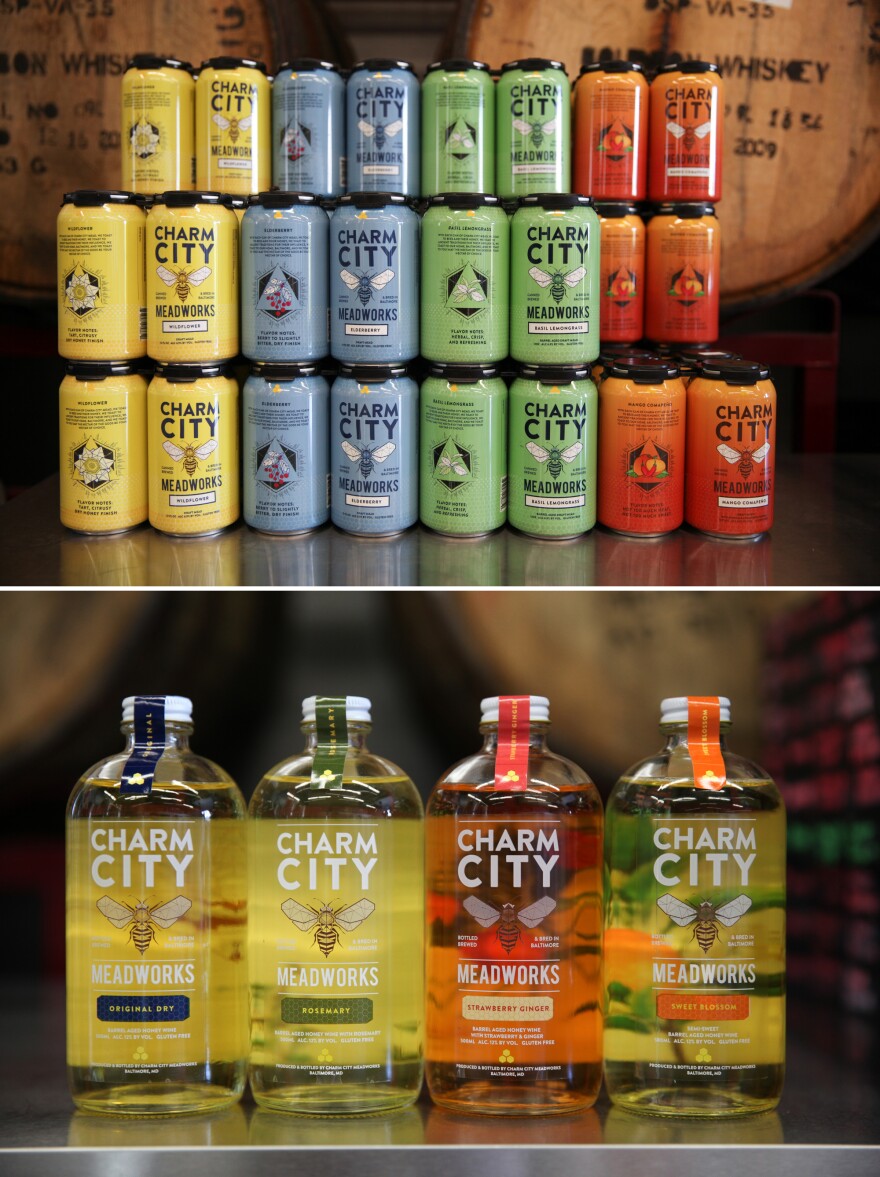 Charm City Meadworks serves up cans of carbonated mead with alcohol contents similar to beer (top) and bottles of still mead with alcohol contents more comparable to wine (bottom).