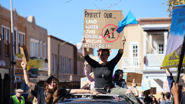 Students from the New Mexico School for the Arts in Santa Fe marched to the Capitol for the “Pull Out the Plug” protest on Oct. 27, 2026.