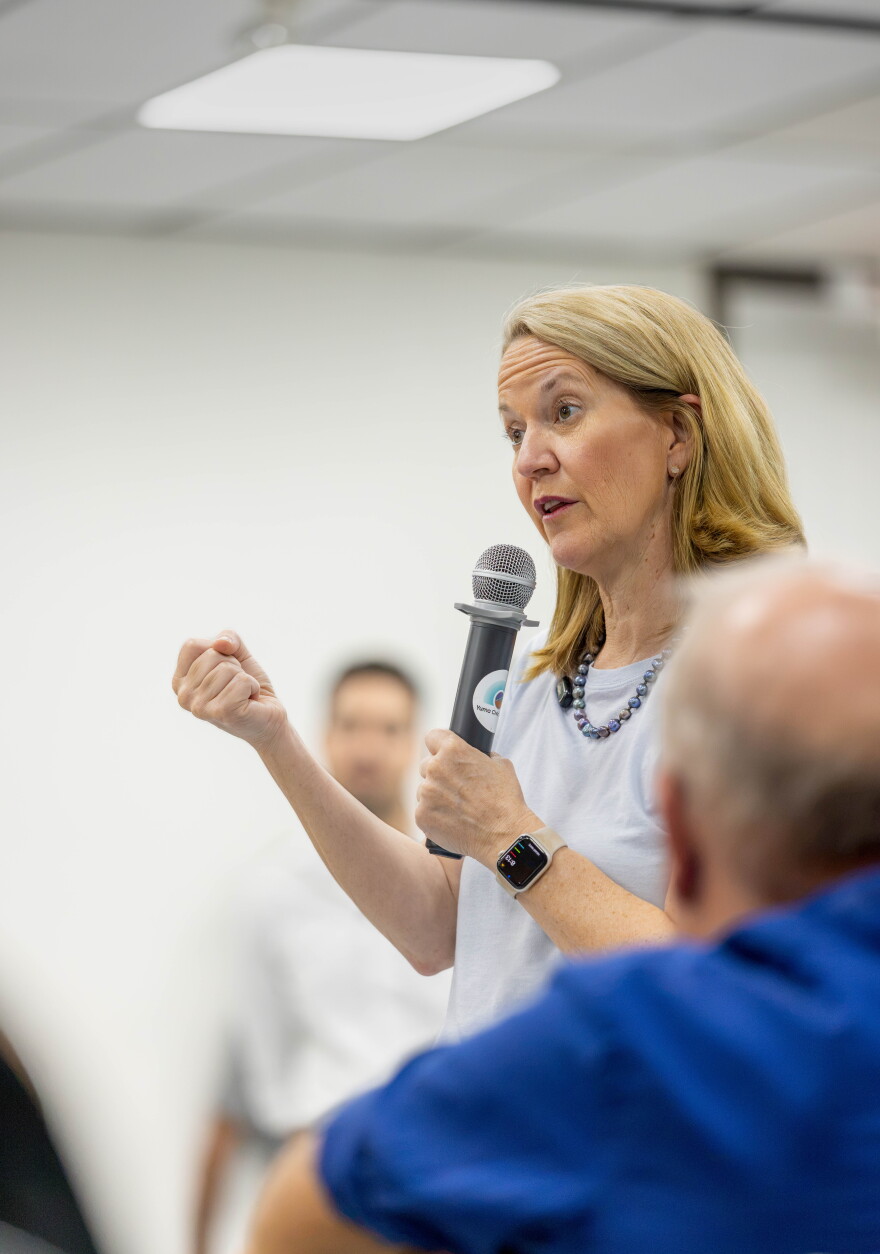 Attorney General Kris Mayes speaking at Yuma Civic Center town hall this last July.