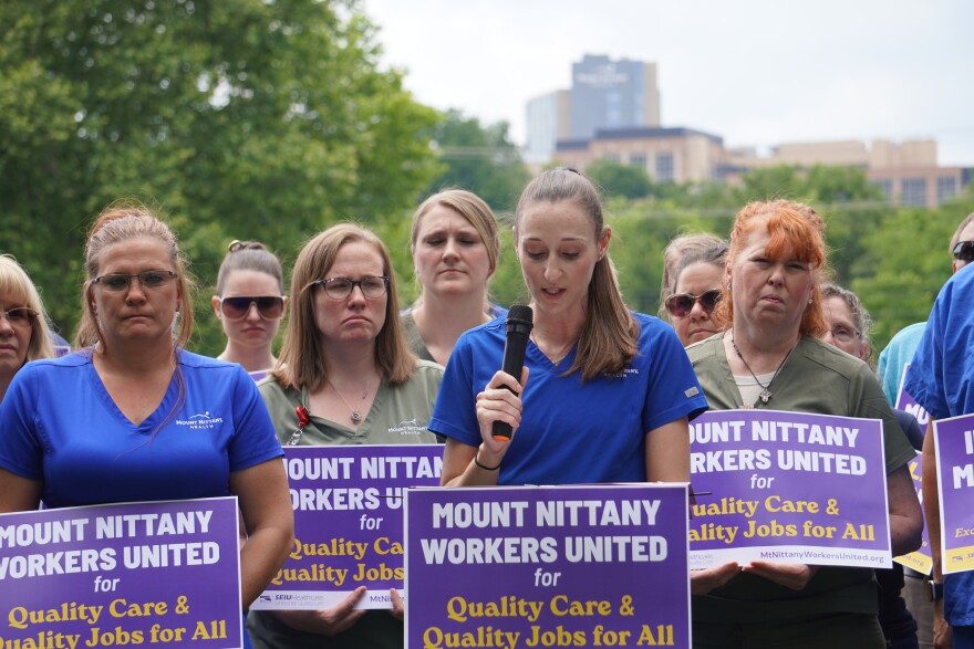 Unionized workers at the Mount Nittany Medical Center in State College spoke Thursday at a press conference in Spring Creek Park, near the hospital. 